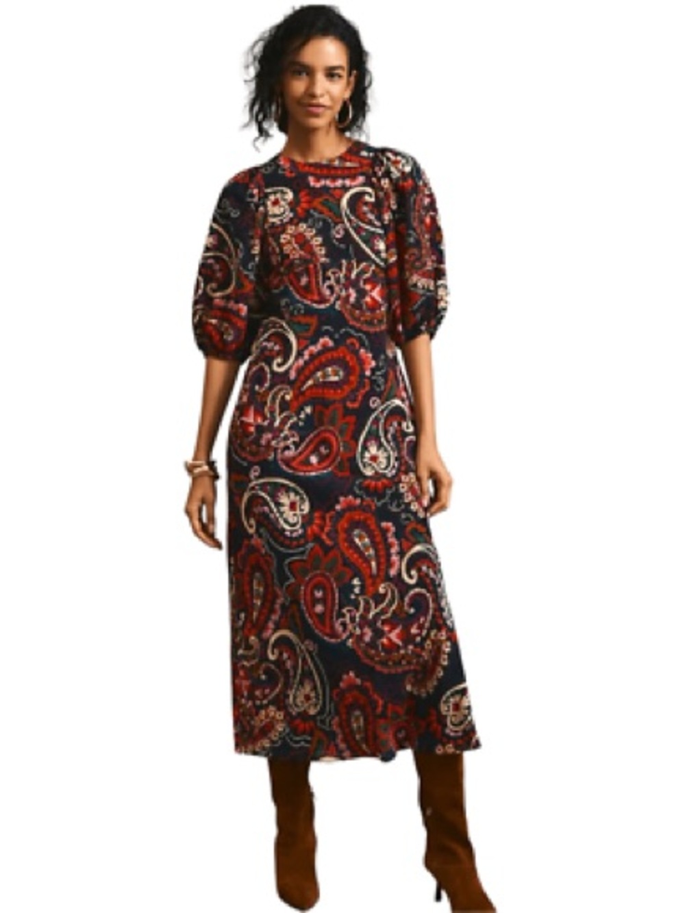 Women's Black Paisley Maxi Dress with Puff Sleeves
